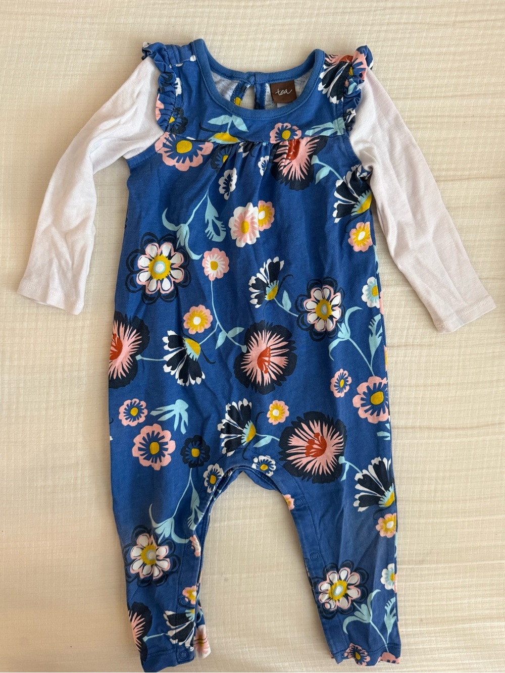 Tea Collection Baby Girl Blue Floral Long-Sleeve Romper- 9-12 mo- GUC- one piece